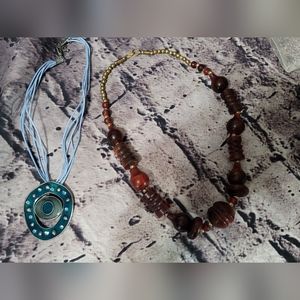Lot of 2 costume jewelry necklaces epoxy turquoise auburn beaded